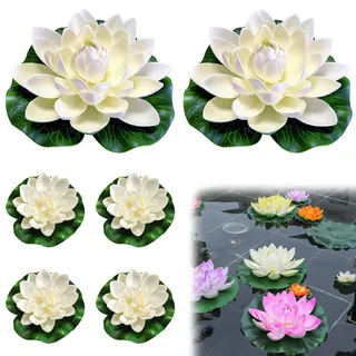 Bakiauli 6 Stück Wasserlilie Pflanzen, Schwimmende Blumen Künstlicher Lotus Seerosen Eva Lotus Flower für Teiche Dekoration Gartenterrasse Pool Aquarium Dekoration (Weiß)