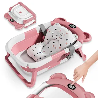 SUPERBE BEBE Faltbar Baby Badewanne Mit Rutschfestem Badekissen - Babywanne XXL Mit Baby Badewannensitz & Badethermometer - Von Der Geburt Bis 3 Jahre - Baby Bathtub - Geburtsgeschenke Für Mädchen & Jungen