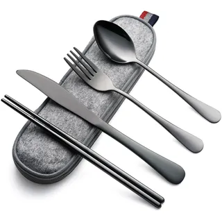 DEVICO Camping Besteck, Edelstahl Reisebesteck, 5-Teiliges Outdoor Cutlery Set mit Messer, Gabel, Löffel, Essstäbchen und Etui - Ideales Besteckset für Unterwegs (Schwarz)