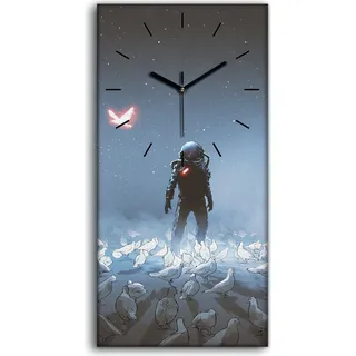 Wanduhr Leinwand Bild Uhr Quarz 30x60 Astronaut steht zwischen Vogelschwarm - schwarze Hände - Blau