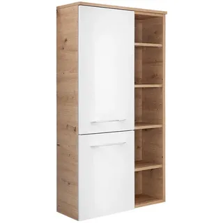 Sadena Midischrank , Weiß, Eichefarben , Holz, Glas , 3 Glas; 4 Holz Fächer , 50.2x121.6x30.7 cm , individuelle Inneneinteilung, hängend, Griffeauswahl , Badezimmer, Badmöbel, Midischränke