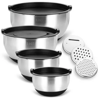 Bastwe Edelstahl Schüssel Set, 4-teilig Salatschüssel mit Deckel, 3 Reibenaufsätzen, Rührschüssel Set für Backen Aufbewahrung, Stapelbar, Vielseitigkeit, Spülmaschinenfest (4/3/1,5/1 QT)