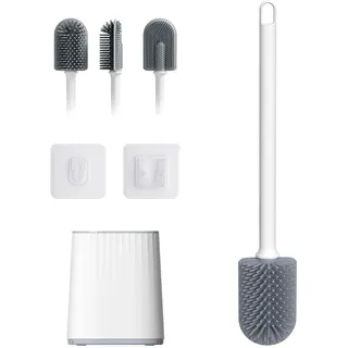 IBERGRIF Klobürste Silikon mit Abtropfschale-Toilettenbürste, Klobürstenhalter Anti-Tropf, WC Bürste Belüftet Trocknung Geruchlos, WC Bürstengarnitur Stehen und Wandmontage, Weiss M34151-2