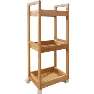 Relaxdays Rollwagen, 3 Fächer, Bambus, HxBxT: 80x30x20 cm, Bad & Küche, MDF, schmaler Nischenwagen, Trolley, Natur