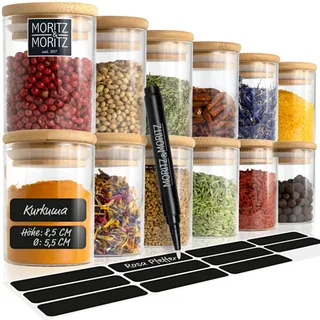 Moritz & Moritz 12 Gewürzgläser Set je 125ml - Gewürzdosen Glas inkl. Tafelsticker & Kreidestift - Luftdichte Gewürzgläser mit Bambusdeckel für Gewürze, Kräuter & Tee