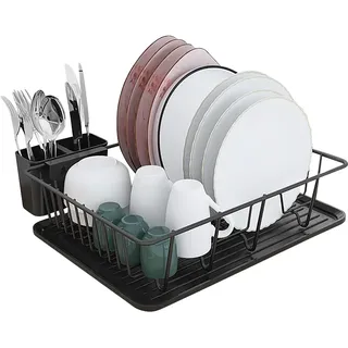 Shackcom Abtropfgestell Geschirr Schwarz Geschirrabtropfer mit Besteck Halterung und Abtropfschale aus Plastik Dish Drying Rack Geschirrtrockner Tropfschale für Teller Tassen Besteck-43x32x12cm