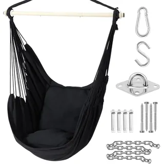 Ohuhu Hängesessel mit 2 Kissen und Deckenhaken-Kit, Hängesessel Outdoor XL Hängestuhl bis 150 kg für Erwachsene & Mädchen, Hängesitz Aufhängung Indoor Outdoor Schlafzimmer und Garten, Schwarz