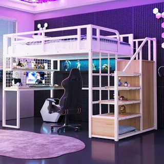 Merax Metall-Hochbett 140x200 cm mit Schreibtisch und Regal, Etagenbett mit Stauraumtreppe und Kleiderschrank, Eisenbett mit Lattenrost, Weiß - Weiß