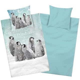 Aminata kids Biber Pinguin Bettwäsche 135x200 Pinguine Kinder & Erwachsene - weich, warm - Flanell Baumwolle mit Reißverschluss Wende-Motiv - Winter-Tiere - Schnee - Petrol, weiß