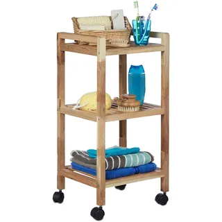 Relaxdays Badregal mit Rollen, Holz, HBT: 71,5 x 35 x 31 cm, Griffe, Natur | drehbar, 3 Ablagen, als Küchenregal, Holzregal