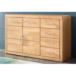 Home Affaire Sideboard HOME AFFAIRE "Trondheim,130cm breit,42 cm tief, Fronten Holzmassiv, Metallgriffe", beige (kernbuche teilmassiv), B:130cm H:80cm T:42cm, Holz teilmassiv, Sideboards, Sideboard, Korpus aus Holzwerkstoff,2 Türen, 2 breite Fächer,5 Schubladen