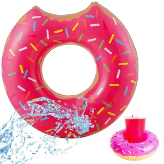 Aufblasbar Donut Schwimmring pink Ø 120 cm mit Biss - Schwimmreifen Pool & Wasser, mit je Getränkehalter für Erwachsene & Kinder