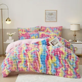 Luofanfei Winter Plüsch Bettwäsche 135 x 200 Regenbogen Warme Kuschelig Flauschig Flanell Bunte Bettwäsche Set Winterbettwäsche Microfaser Fleece Bettbezug und Kissenbezug 80x80 mit Reißverschluss