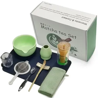 Mycketop Premium Matcha Set 10-tlg. Bambus Chasen, Teelöffel, Keramik Schale, Teesieb, Teetuch, u.a. Profi Zubehör für Japanische Teezeremonie, Geschenk für Matcha Liebhaber, mattem Grün
