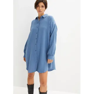 Longbluse BONPRIX, Damen, Gr. 44, jeansblau, Web, Obermaterial: 100% Baumwolle, unifarben, oversize ca. Mitte Oberschenkel, weit Manschette, Blusen Longbluse, Oversize-Passform, aus Baumwoll-Musselin, mit langem Arm