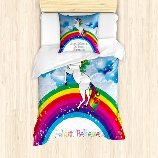 ABAKUHAUS Fantasie Mantele, Einhorn Regenbogen-Fantasie, Milbensicher Allergiker geeignet mit Kissenbezügen, 135 cm x 200 cm - 80 x 80 cm, Mehrfarbig