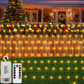 CCILAND Batterie Lichternetz Außen 3x2M, 200 LED Lichterkette Netz mit 8 Modi Timer Fernbedienung, Dimmbar Mesh Lichterkette Wasserdicht für Weihnachten Büsche Garten Zäune Balkon-Warmweiß