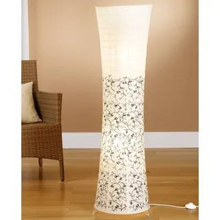 Trango 1240L Modern Design LED Reispapier Stehlampe *KOS* in Rund Weiß mit floralem Muster Papierlampe, 125cm Hoch incl. 2x E14 LED Leuchtmittel als Wohnzimmer Deco Lampe, Standleuchte, Lampenschirm