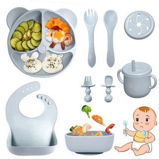 Bizcasa 9 Stück Silikon Baby Geschirrset, Rutschfest Kindergeschirr Set, Kindergeschirr mit Saugnapf, Rutschfest Baby Schüssel,Baby-Teller, Baby-Besteckset für Kleinkinder, BPA Frei (Grau)