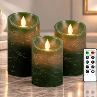 PinnWaa LED Kerzen, 3 Stumpenkerzen, Flammenlos, Flackernd, Grün | 10-Tasten-Fernbedienung, Timer 2/4/6/8 Std, Batteriebetrieb, Dimmbares Licht, Weihnachtsdeko, Hochzeit, Party und Tischdeko