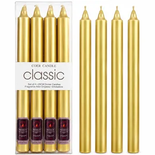 Caelura 4 Stabkerzen Gold, 25 cm, 11 Std. Brenndauer, Tafelkerzen | Goldene Kerzen, Duftneutral, Raucharm, für Halloween, Weihnachten, Hochzeit, Dinner, Festtafel, Tischdeko & Kerzenleuchter