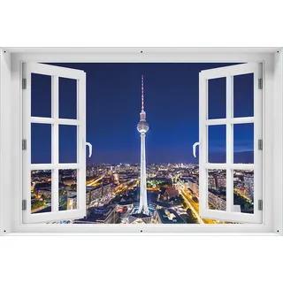 Wallario Outdoor-Poster für Garten oder Balkon 61 x 91,50 cm: Fernsehturm Berlin bei Nacht - Blau
