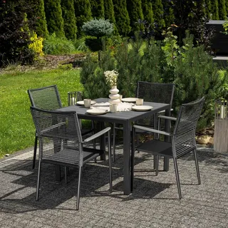 di volio Gartenmöbel CARINEO, Gartenmöbel-Set für 4 Personen - Esstisch & 4 Stühle, aus Kunstholz und Aluminium, bequeme Stühle mit Armlehnen - Grau, Schwarz