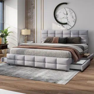 Merax Polsterbett 180x200cm mit höhenverstellbarem Kopfteil und 4 Schubladen, Funktionsbett Doppelbett mit Lattenrost und Samtbezug in Grau - Grau