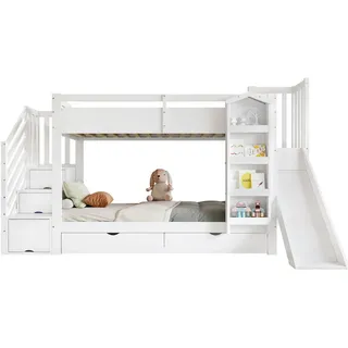 Redom Etagenbett 90/200 cm mit Rutsche, Treppenregal, Bilderbuchregal und 2 Schubladen aus Kiefer/MDF, Weiß , Holzwerkstoff , 90x200 cm , Babymöbel & Kindermöbel, Kinderzimmer & Jugendzimmer, Stockbetten