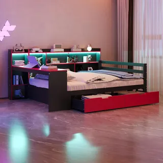 STILVORA Holzbett 140x200 cm mit Schreibtisch und Bücherregal, Schlafsofa mit Staufächern Regalen und Schubladen, Multifunktionsbett mit Beleuchtung und Steckdosen,Schwarz/Rot - Schwarz