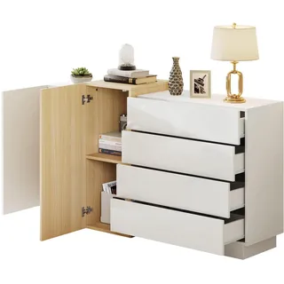 Flieks Sideboard Weiß Holz Hochglanz Modern Stauraum Minimalistisch , Holzwerkstoff , 35x76.5x140 cm , Kleinmöbel, Kommoden, Sideboards