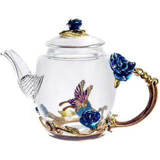 YBK Tech Emaillierte Glas-Teekanne im Geschenkkarton, kleine Teekanne für Kung Fu Tee (Blau Rose)