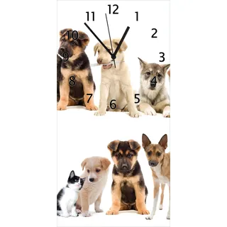 Wallario Design Wanduhr Süße Haustiere - Katzen Hunde Hamster Küken aus Echtglas, Größe 30 x 60 cm - Braun