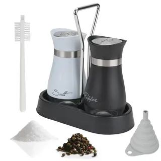 BZUEPRS Salz und Pfefferstreuer Set mit Halter, Salz und Pfeffer Streuer mit 1 Reinigungsbürste und 1 Trichter, Glas und Edelstahl salzstreuer Gewürzstreuer für Küche, Restaurant,BBQ (Weiss + Schwarz)