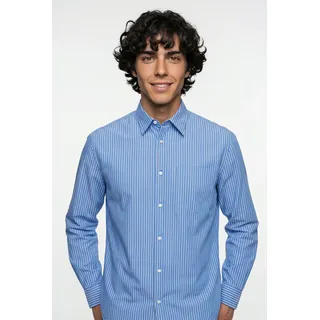 Langarmhemd JACK & JONES "JJECODY POPLIN SHIRT LS SN", Herren, Gr. XS, N-Gr, blau (medieval blau), Web, Obermaterial: 100% Baumwolle, gestreift, relaxed fit taillenbedeckt, ohne Ausschnitt, Manschette, Hemden Langarmhemd, mit Streifen Muster