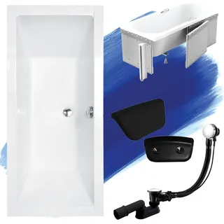 Badewanne Rechteck Set 5in1 190x90 mit Premium Ablaufgarnitur und Füßen GRATIS + Verkleidung (Styropor) + Kopfstütze in Schwarz | BADLAND QUADRO - Weiß, Schwarz