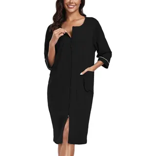 COLORFULLEAF Damen-Bademantel mit Reißverschluss, leichter Morgenmantel aus 100 % Baumwolle, Morgenmantel, Dreiviertelärmel, Nachthemd mit Taschen (schwarz, 2XL)