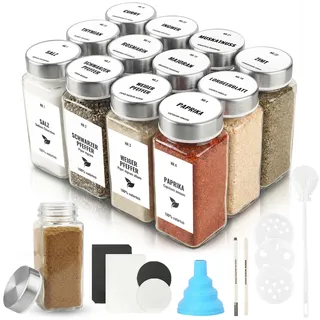 JAECU 12pcs Gewürzgläser Eckig mit Edelstahldeckel, 120ml Glasbehälter mit Streueinsatz, Luftdichte Gewürzdosen inkl. Trichter, Permanentmarker, Bürste & Etiketten (Weiß)