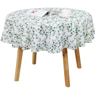 Qucover Tischdecke Rund 150cm Schmutzabweisend, Abwaschbare Gartentischdecke aus Polyester Nicht 100% Wasserdicht, Tischwäsche Modern für Indoor Outdoor, Blätter Muster Weiß & Grün