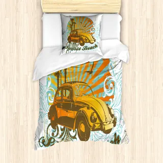 ABAKUHAUS Retro Bettbezug Set für Einzelbetten, Sommer Saison Design Auto, Milbensicher Allergiker geeignet mit Kissenbezug, Ringelblume Grau Gelb Aqua Sepia - Grau, Gelb, Aqua, Beige