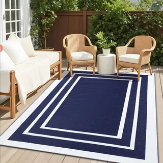 Homaxy Outdoor Teppich Wetterfest, Kunststoff Stroh UV-beständig Wendbar Faltbar Waschbar Balkon Garten Teppich für Terrasse Camping Picknick - 120 x 180 cm, Marine Blau & Weiß