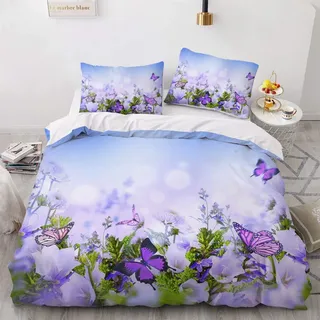 Luowei Bettwäsche Blumen 135x200cm Lila Blüten Schmetterling Vintage Floral Bettbezug und 1 Kissenbezug 80 x 80cm Weiche Microfaser Bettwäsche Set für Einzelbett