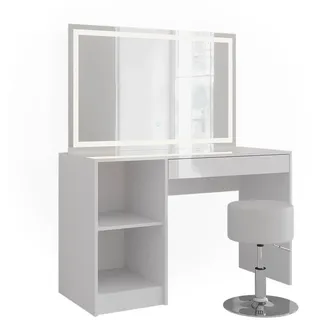 Vicco Schminktisch Sherry Weiß/Weiß Hochglanz 119.8 cm mit LED-Beleuchtung und Hocker , Weiß, Weiß Hochglanz , Holzwerkstoff , Rechteckig , 119.8x76x50.1 cm , Schlafzimmer, Schminktische