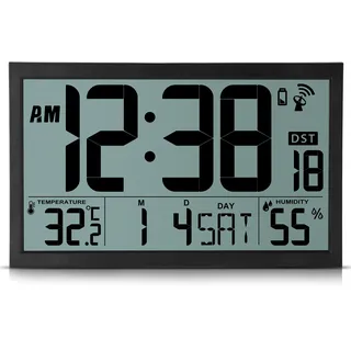 Sukeen Wanduhr Funk, Digitale Wanduhr Gross Funk, 16,7" Digitaluhr Batteriebetrieben, DCF-Funkuhr Tischuhr mit Temperatur, Luftfeuchtigkeit, Datum, Tag, DST für Zuhause, Küche, Büro, Schule