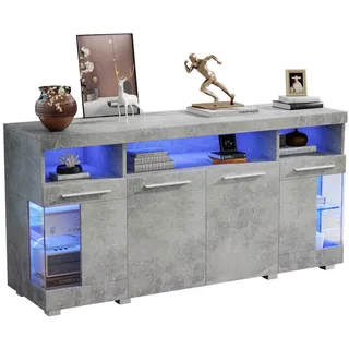 Redom Sideboard 140/40/70 cm mit LED-Beleuchtung, 3 Schubladen und Glastüren aus gehärtetem Glas, Zementgrau , Grau , Holzwerkstoff , 140x70x40 cm , Kleinmöbel, Kommoden, Sideboards