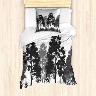 ABAKUHAUS Schwarz und weiß Bettbezug Set, Sommer-Wald mit Kiefern-und Tannenbaum-Gras-Bush-Schattenbildern, 135 x 200 cm + 80 x 80 cm, Dunkelgrau Weiß Grau