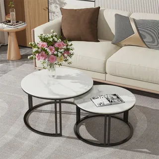 WISFOR Couchtisch Sofatisch 2er Set aus Gesinterter Stein, Modern Kaffeetisch mit doppel Metallbeinen, Rund Satztisch Marmor Optik, Bentley Weiß - Weiß