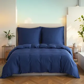 Simple&Opulence Bambus Bettwäsche 220x240 cm, Seidiger und weicher Bettbezug Kühle Bettwäsche-Set Perfekt für Haut und Haar mit 2 Kissenbezüge 80x80 cm, Dunkelblau