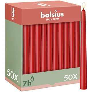Bolsius Glatte Spitzkerzen - Rot - 50 Stk. - 24,5 cm - Dekorative Haushaltkerzen - Brenndauer 7 Stunden - Unparfümierte - Enthält Natürliches Pflanzenwachs - Ohne Palmöl