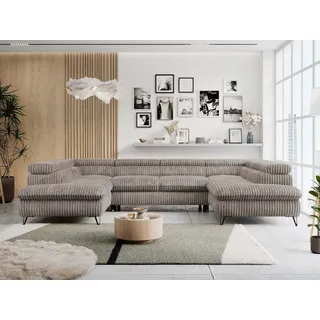 MKS Meble Ecksofa U-form, Schlaffunktion, Bettkasten, einstellbare Kopfstützen - PETER U - Cord - Grau - Bronze